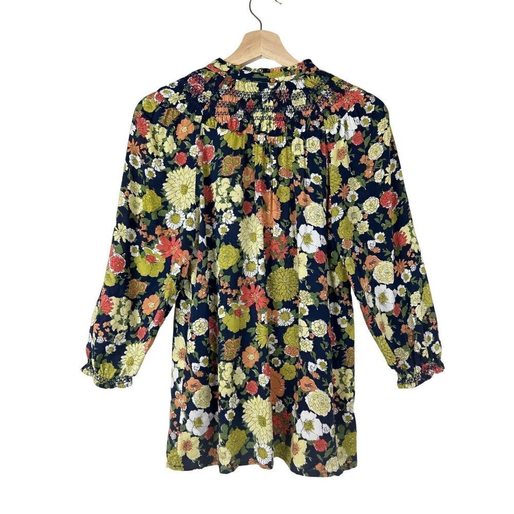 Odille Navy Floral Smocked Neck Long Sleeve Top Size 2 - Picture 2 of 9